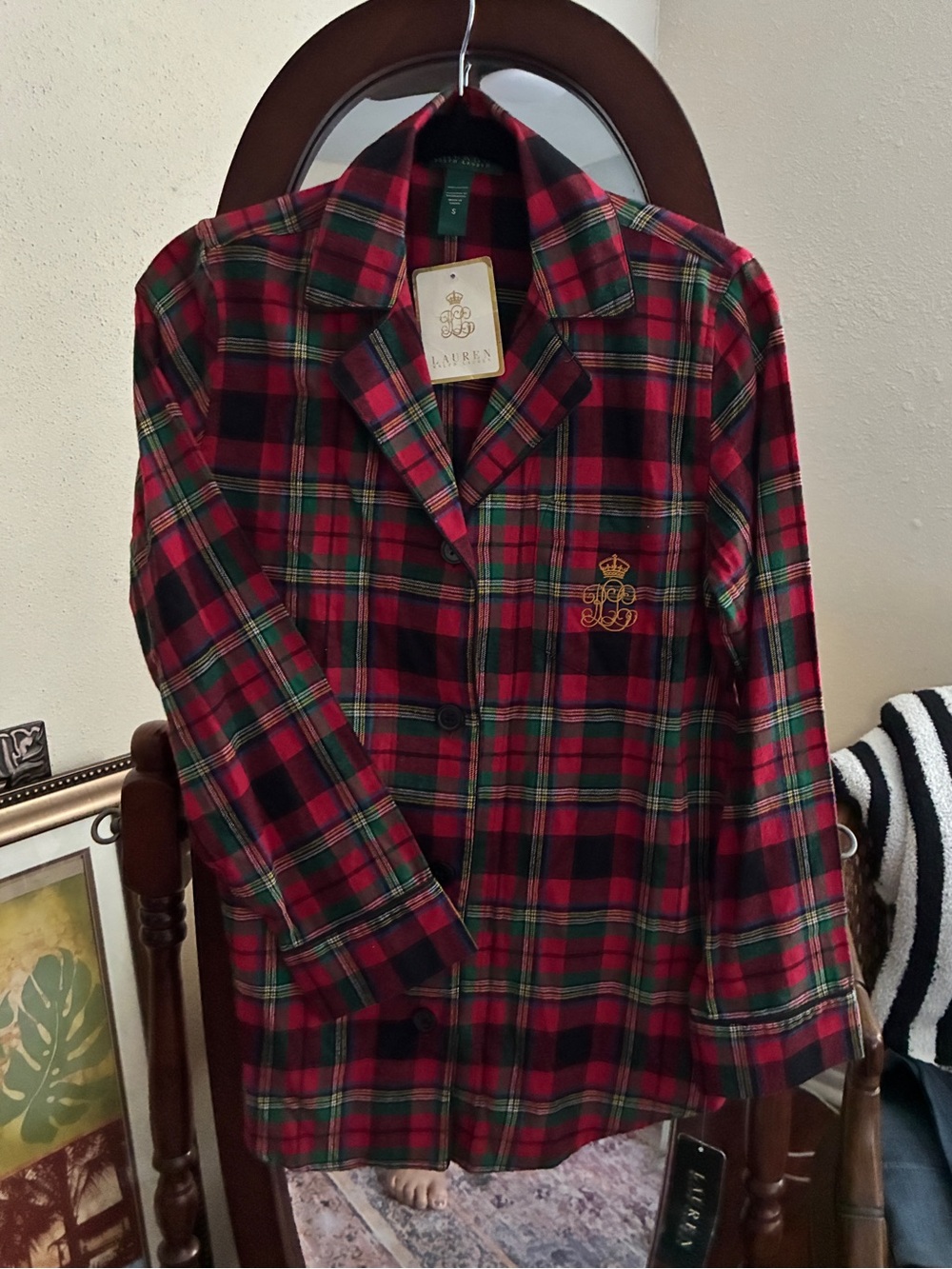 Soft Ralph Lauren Logo Tartan Plaid Long Sleeve Pajama Top, Size Small, NEW, NWT